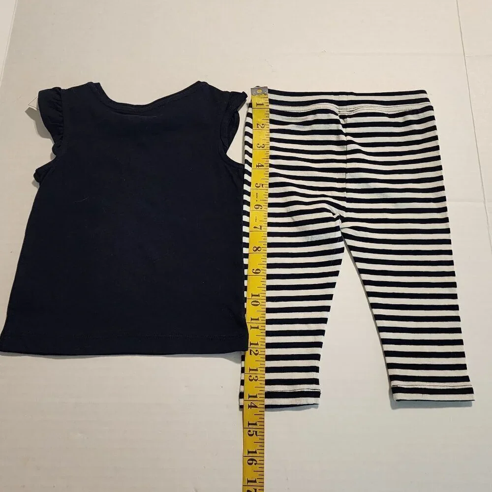 New Baby Gap girl 12-18 m outfit Blue top black white stripes leggings School